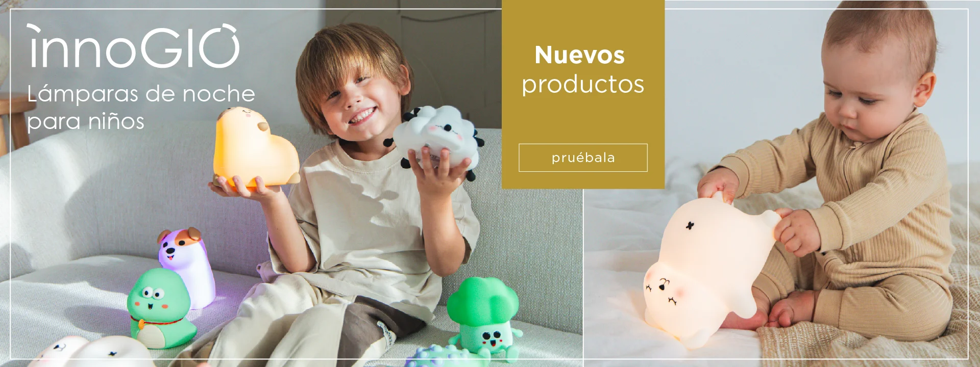 Banner de las nuevas lámparas de noche infantiles LED con formas de animales y luz cálida relajante.